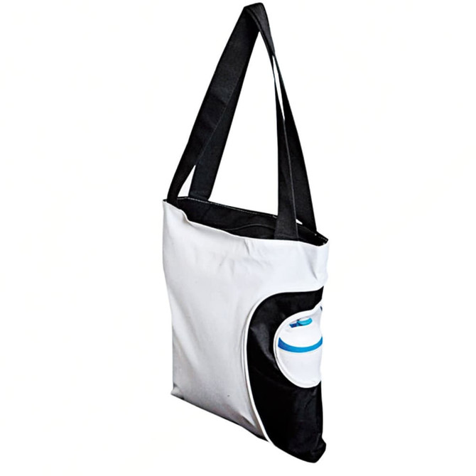 A reusable grocery bag in white and black, featuring a side pocket designed to hold a drink bottle.