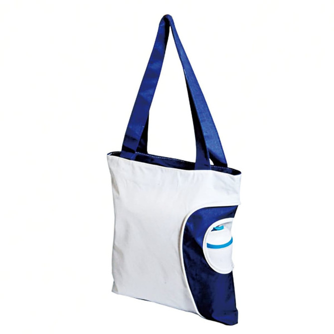A reusable grocery bag in white and navy with a pocket for a drink bottle and a logo.