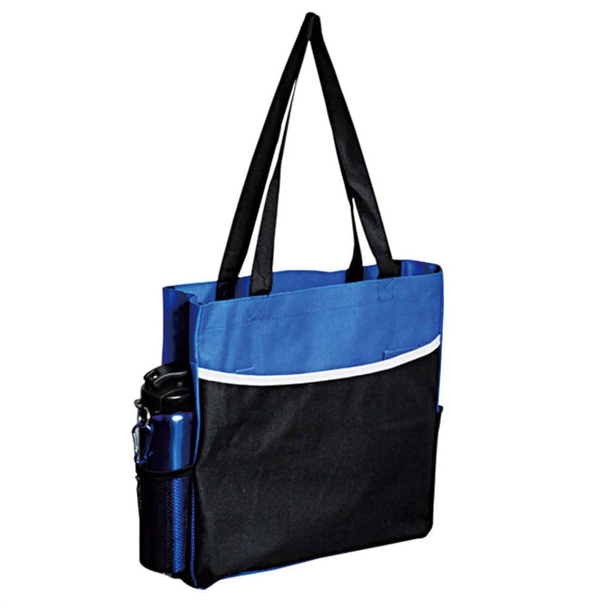 A tote bag with blue and black panels, featuring long straps and a side pocket for a drink bottle.