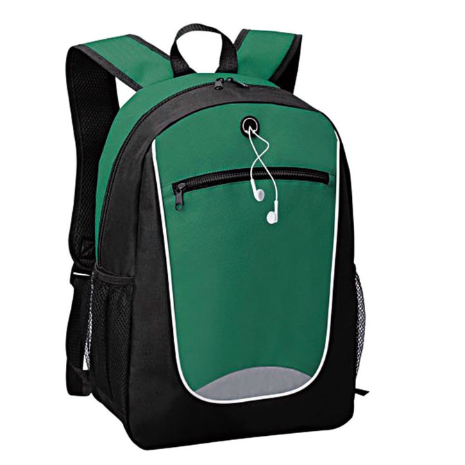 A green and black backpack featuring a front zipper pocket and headphone access, made from durable fabric.