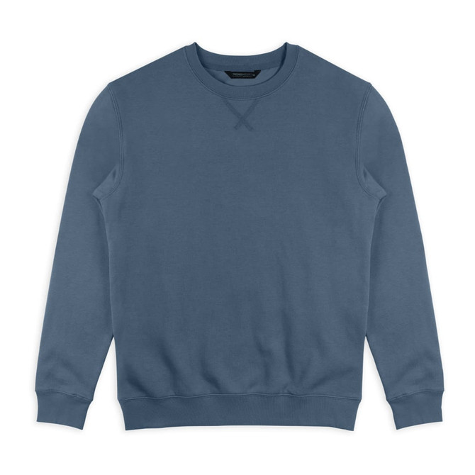A unisex sweatshirt in a muted blue colour, featuring long sleeves and a crew neckline. It has a logo on the label.