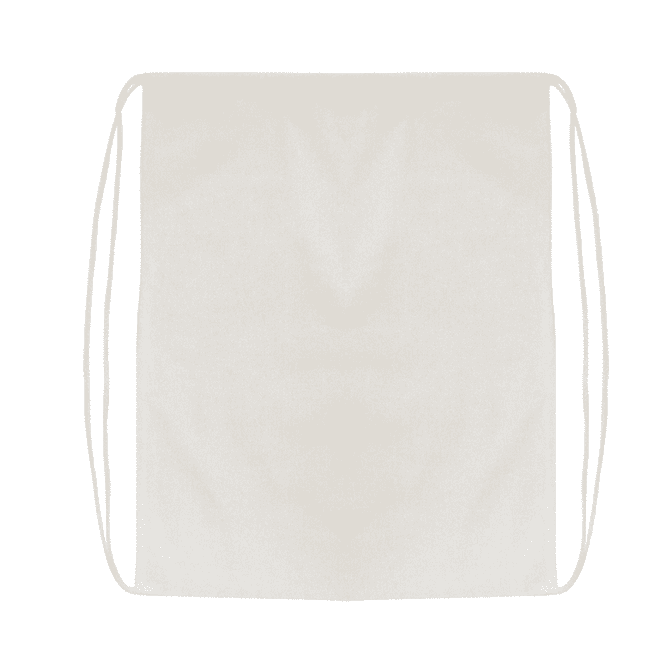 A drawstring bag in a light beige colour with two cord straps on either side.
