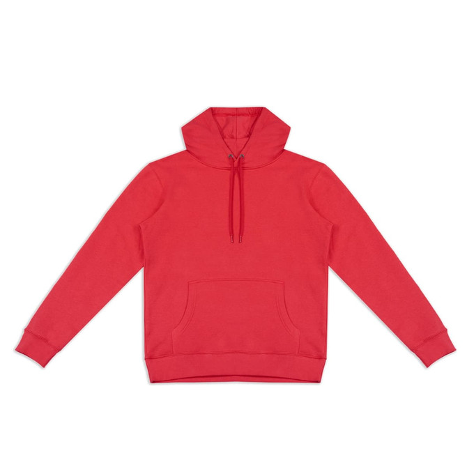 A unisex hoodie in vibrant red with a front pocket and an adjustable hood. Includes a logo detail.