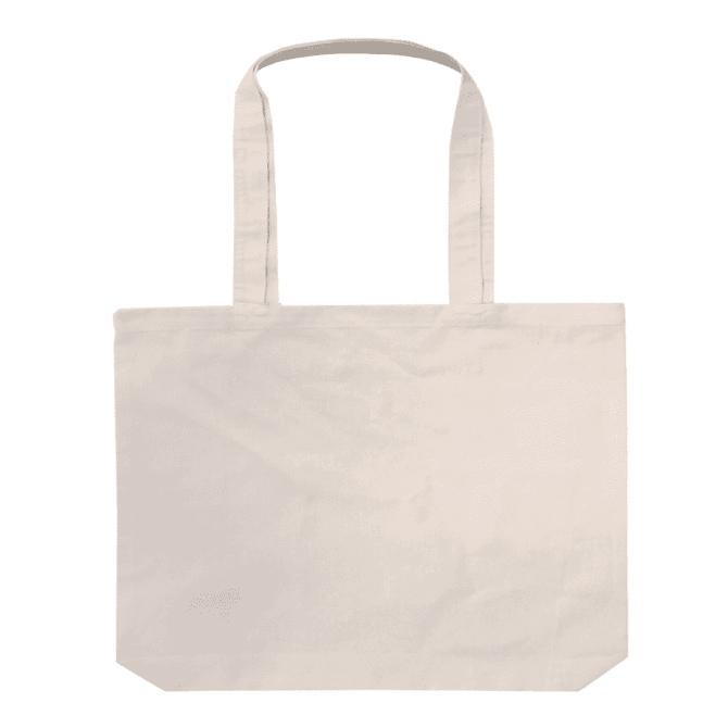 A tote bag in a neutral beige colour with two shoulder straps and a simple design.