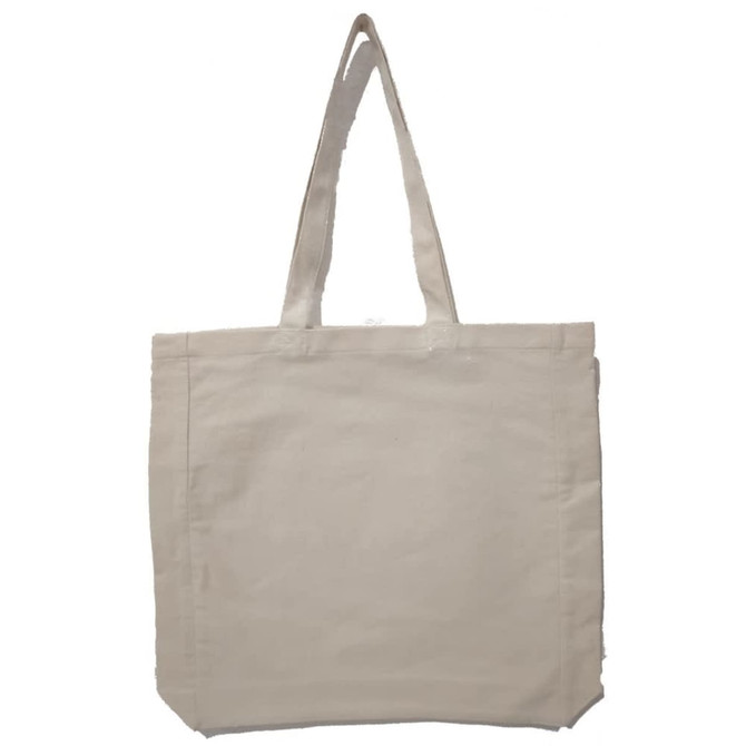A tote bag in a light beige colour with two sturdy handles and a spacious design. It features a plain surface.