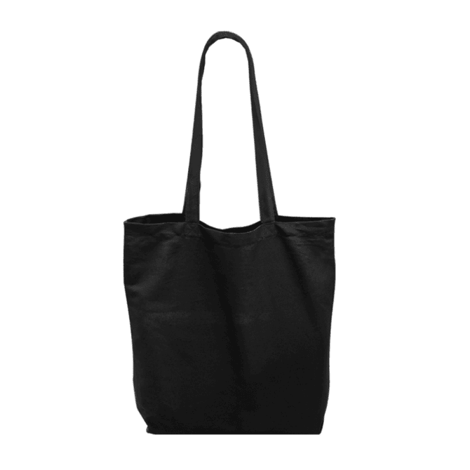 A black tote bag with two long handles, featuring a simple design and a spacious interior.