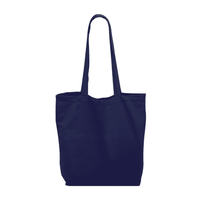 A navy blue tote bag with long handles and a spacious open top, featuring a simple design.