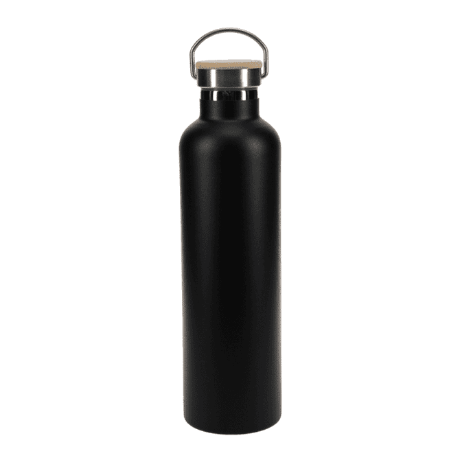 A drink bottle in matte black with a stainless steel cap and wooden accent. It features a logo on the front.