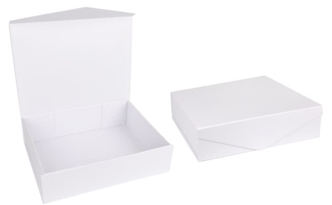 A white gift box set, featuring an open box and a closed box, both with a sleek design. Branding is present.