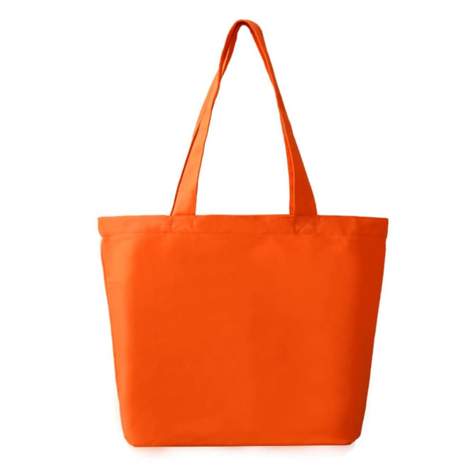 An orange tote bag with two handles, made from sturdy fabric. The bag has a simple and clean design.