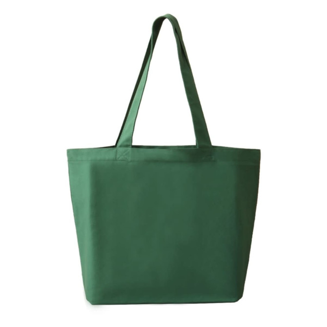 A green tote bag with two handles, featuring a simple design and no visible logos or branding.