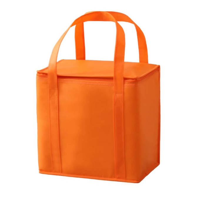 An orange insulated tote bag with two handles and a zippered top, suitable for carrying food and drinks.