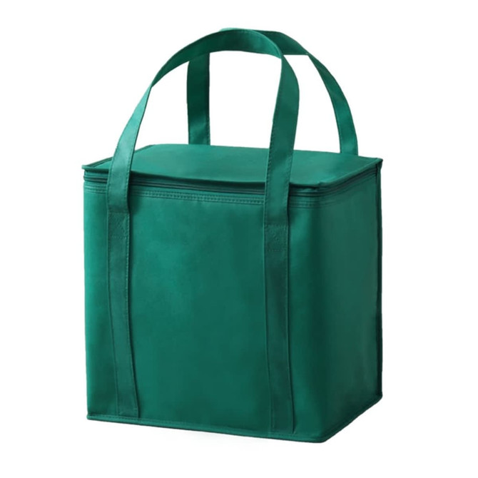 A green insulated tote bag with two sturdy handles, featuring a rectangular design and a zippered top.