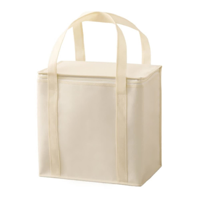 A drink bottle cooler bag in cream colour with a zip closure and two carry handles. Features a logo on the front.