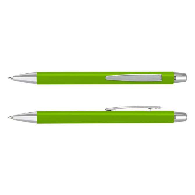 A green laser cut logo pen with silver accents and a clip, displayed from two angles.