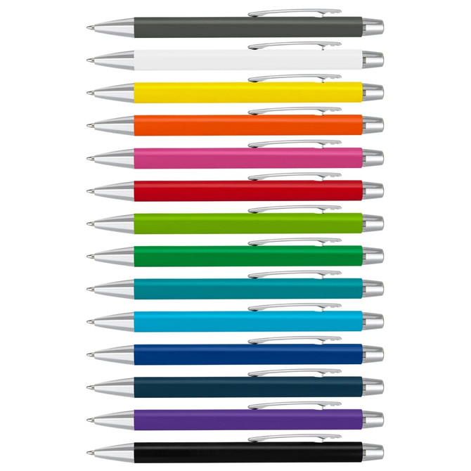 A collection of multi-coloured pens with silver accents and clips, arranged in a row. Each pen features a logo.
