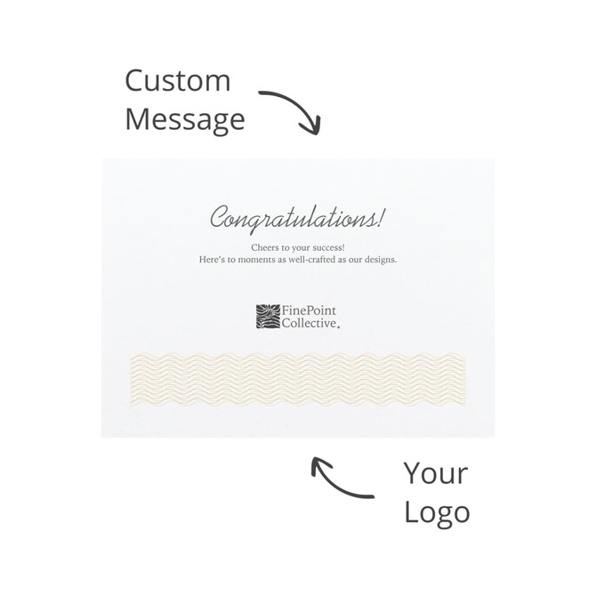 A white card featuring a wave pattern, with space for a custom message and a logo.