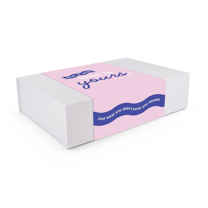 A rectangular box in white and pink with a logo and decorative text on the front.