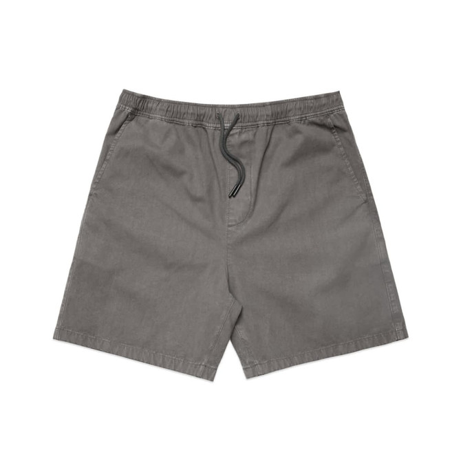 A pair of faded grey shorts featuring an elastic waistband and drawstring. The fabric appears lightweight and casual.