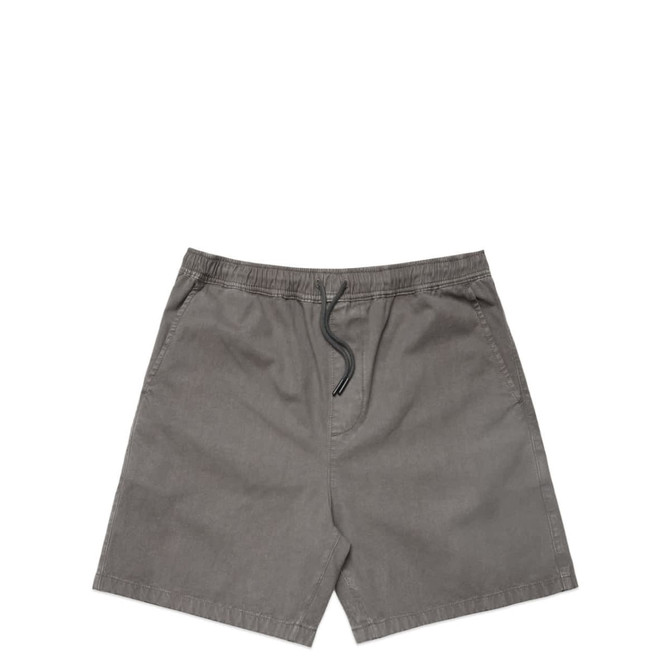 A pair of grey dress shorts featuring an elastic waistband and drawstring. The design is simple with no visible logos.