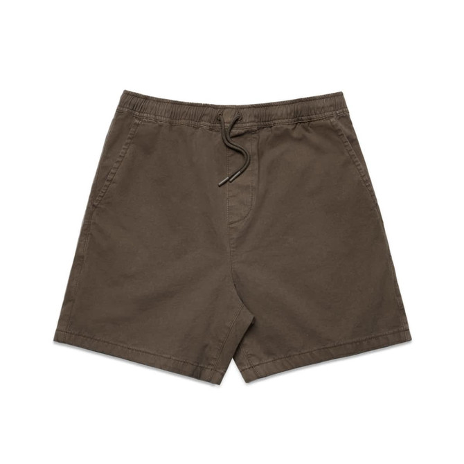 Faded walk shorts in a muted brown hue, featuring an elastic waistband and a drawstring. Includes a logo detail.
