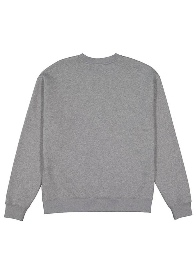 A grey men's crew sweatshirt featuring a classic design with long sleeves and a ribbed hem. It has a branding logo.