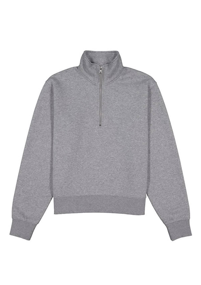 A grey women's jumper featuring a 1/4 zip and long sleeves, with a branded logo.