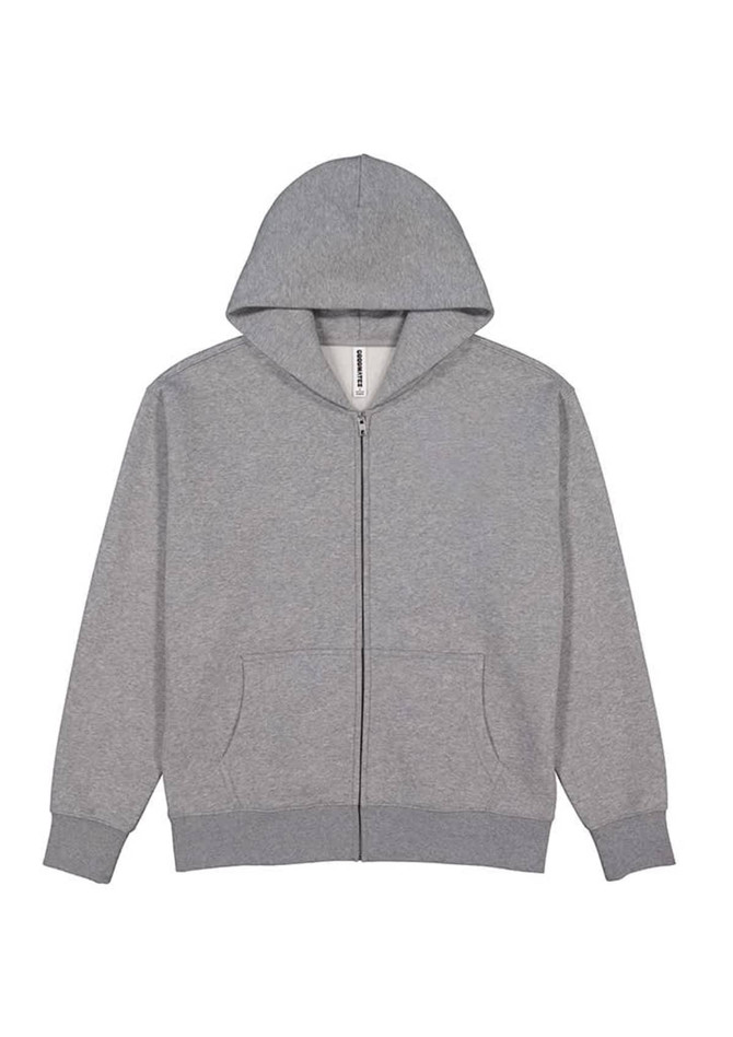 A grey zip hoodie featuring a hood and front pockets, with branding on the label.
