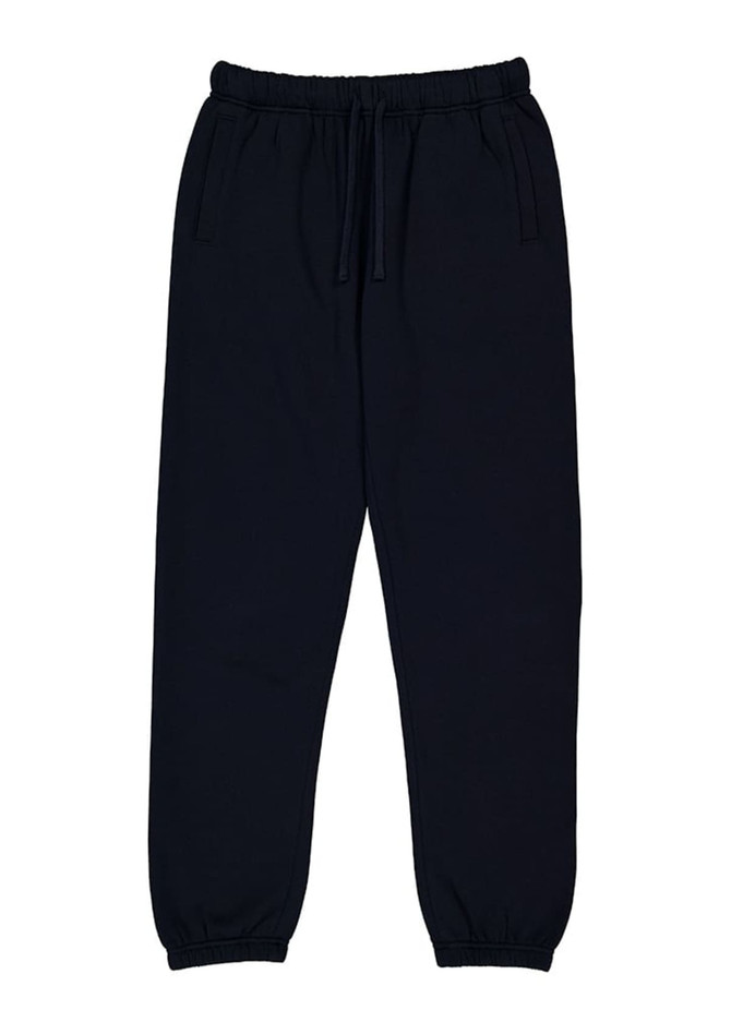Navy women's track pants with an elastic waistband and cuffs, featuring two side pockets and a logo.