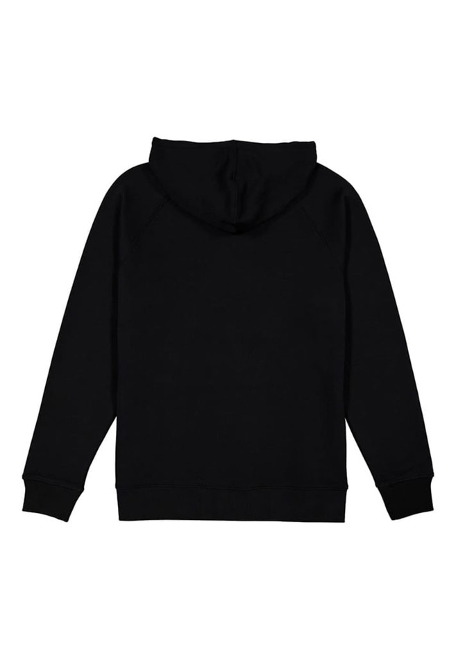 A plain black men's hoodie featuring a hood and long sleeves. It has a logo on the back.