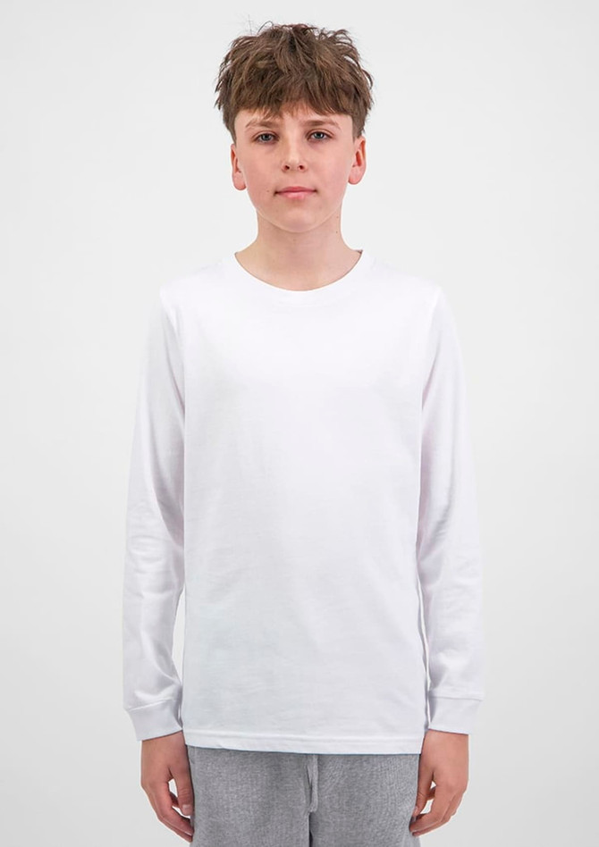 A youth long sleeve tee in white, featuring a classic crew neckline and a simple design.