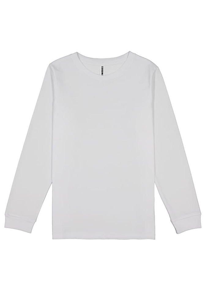 A white long sleeve T-shirt featuring a logo, designed for youth. Simple and classic in style.