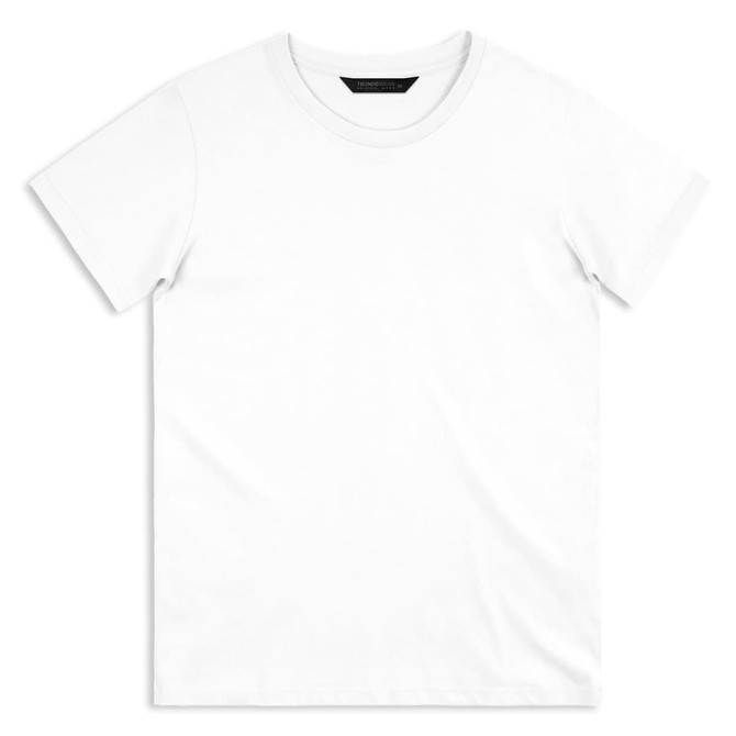 A plain white men's T-shirt featuring a round neck and short sleeves. It has a logo on the inside label.