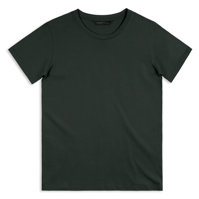 A dark green men's t-shirt with a classic crew neckline and short sleeves. It features a logo on the label.