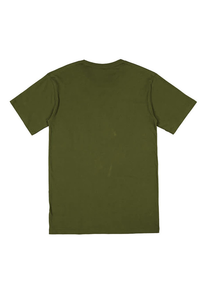 A plain olive green men's short sleeve t-shirt, featuring a simple design and a logo on the back.