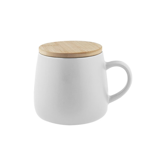 A white coffee mug with a bamboo lid and a curved shape, featuring a handle on the side.