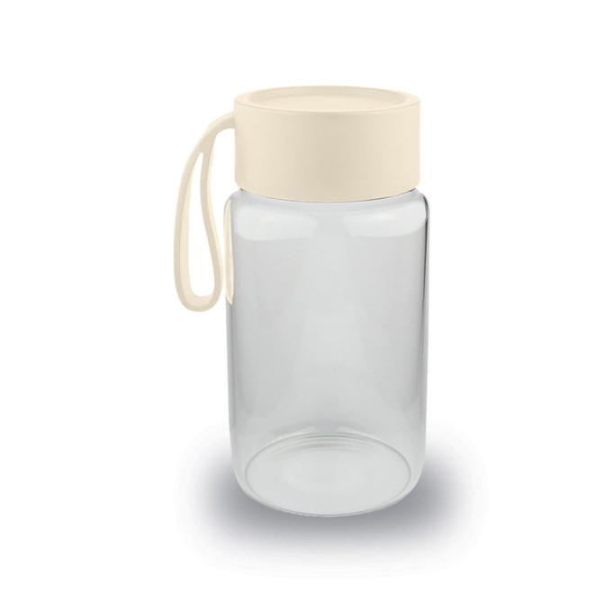 A drink bottle featuring a clear glass body and a cream-coloured cap with a handle.