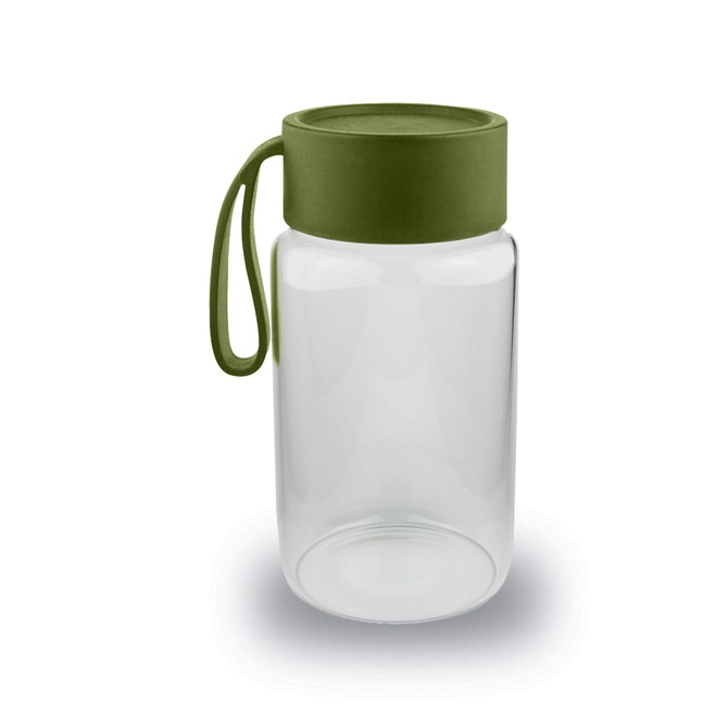 A drink bottle made of clear glass with a green silicone lid and handle. It features a simple, modern design.