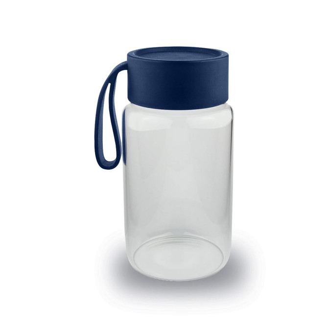 A drink bottle in clear glass with a navy blue lid and handle. It has a smooth, minimalist design.
