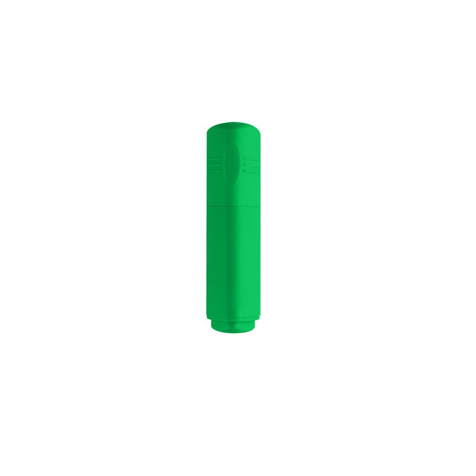A highlighter in vibrant green colour with a rounded cap and textured grip. It features a branding logo.