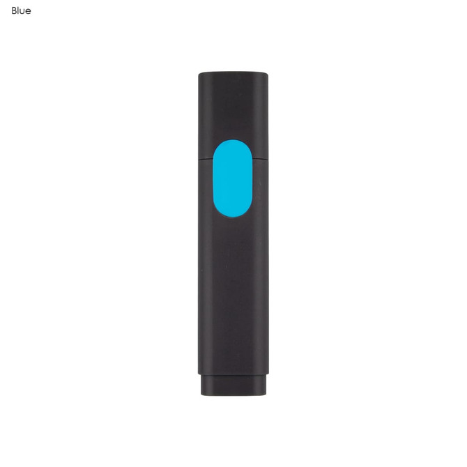 A black and blue highlighter with a sleek design and a round end, featuring a logo.