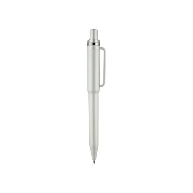 A plastic pen in white with a silver clip and tip, featuring a simple design and a branding logo.