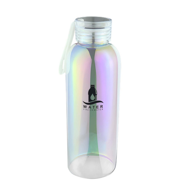 A drink bottle with an iridescent finish, featuring a secure screw lid and a logo on the front.