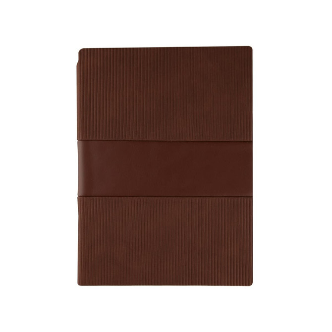 A brown notebook with ribbed texture and a smooth band across the centre. Includes a logo on the cover.