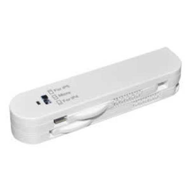 A white ZIP 60W fast charging cable with a compact design and built-in storage for tangle-free use.