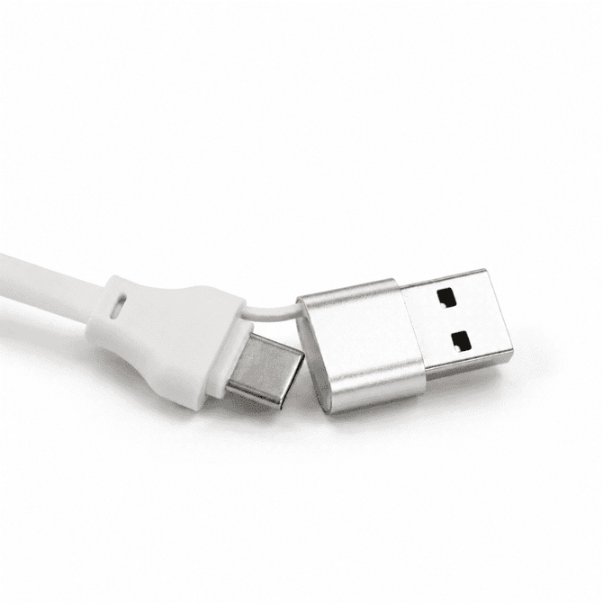A white fast charging cable with a USB connector and a Type-C connector, featuring a metallic end.