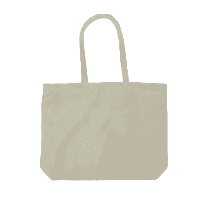 A large tote bag in a neutral beige colour, featuring two handles and a logo.