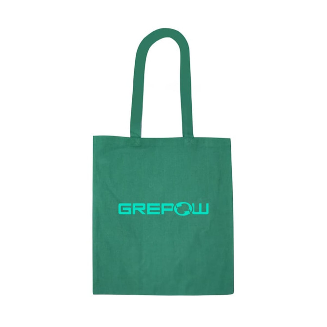 A green recycled cotton tote bag featuring a logo on the front. The bag has two sturdy handles.