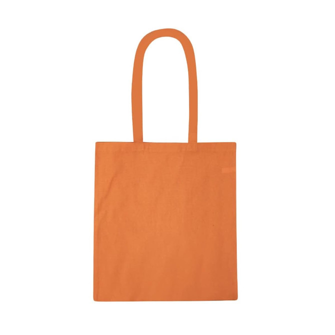 An orange tote bag with two long handles and a simple design. It has a branding logo.