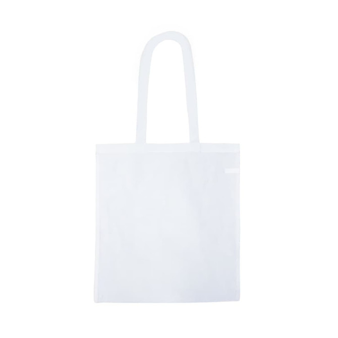 A white tote bag with two handles, featuring a minimalist design and a small logo or branding on it.